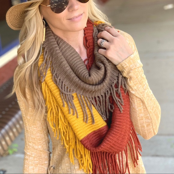 Yellow, rust, brown infinity fringe scarf - Picture 2 of 7